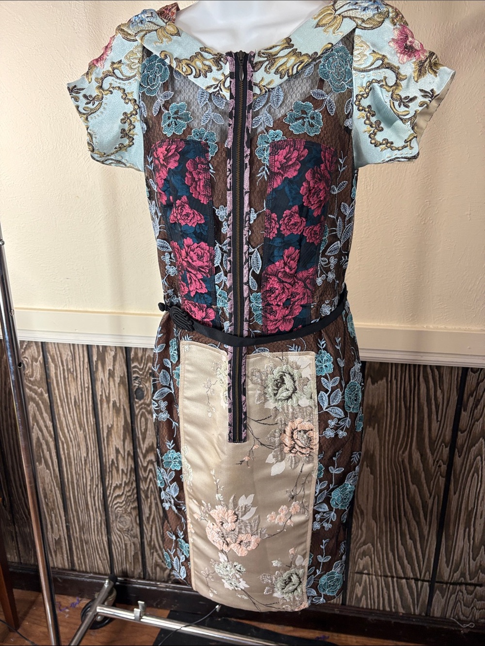 Byron Lars Brown Midi Dress with Pink & Light Blue Floral Panels